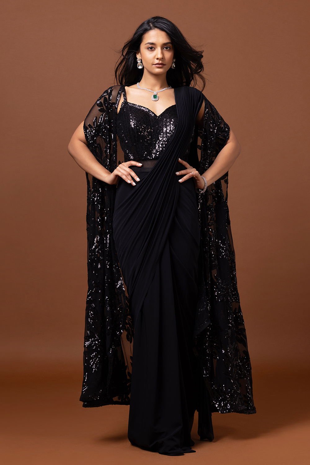 Raven Black Pre Stitched Draped Saree Go...