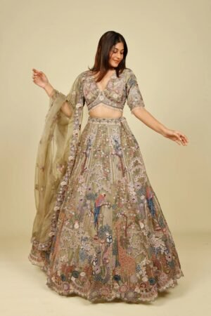 Olive Green Organza Embroidered Lehenga With Multicolour Zari, Sequins & Pearl Work