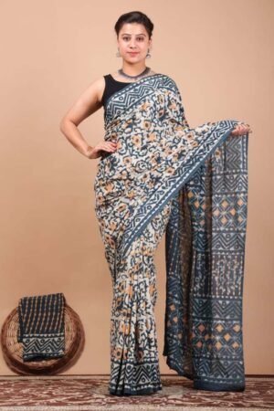Blue Bayoux Chanderi Saree With Hand Block Printed Floral Design