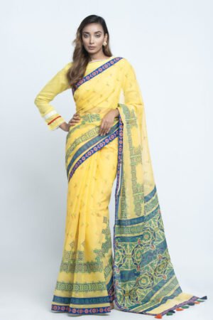 Yellow Half Silk Printed Saree