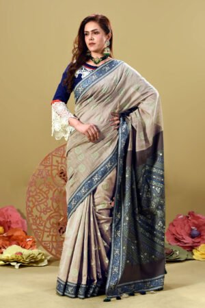 Ash Half Silk Printed & Hand Embroidered Saree