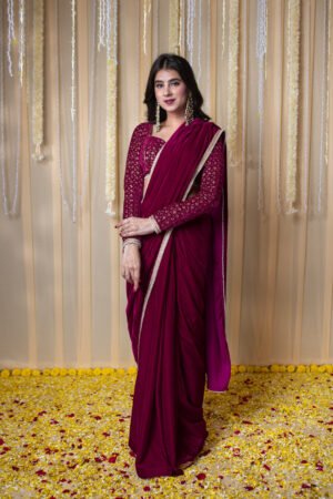 Velvet Magenta Embellished blouse Ready To Wear Saree