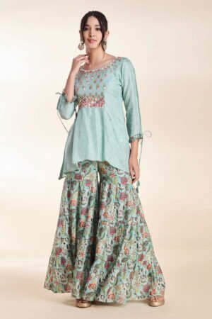 Sky Blue Printed Tiered Sharara Pant Set...