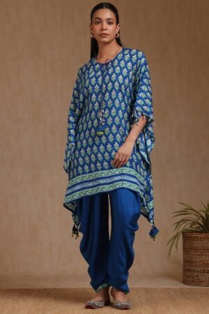 Blue Muslin Floral Print Kaftan Suit With Tassels