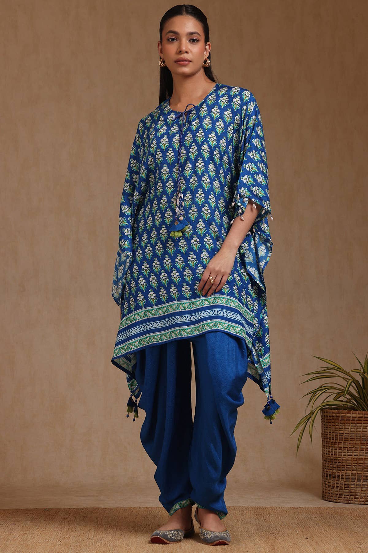 Blue Muslin Floral Print Kaftan Suit With Tassels