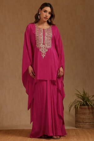 Fuchsia Crepe Embroidered Kaftan Suit With Zari