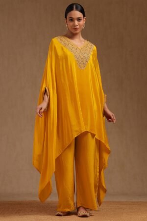 Mustard Crepe Embroidered Kaftan Suit With Cutdana