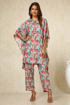 Teal Muslin Blend Botanical Print Kaftan Suit With Tassels