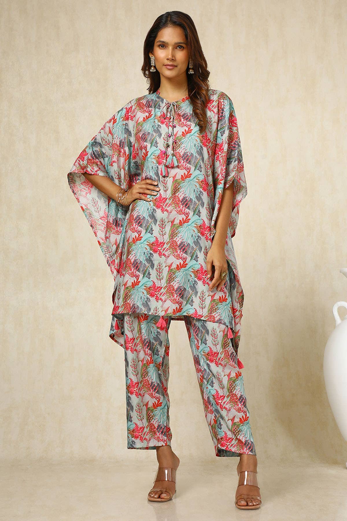 Teal Muslin Blend Botanical Print Kaftan Suit With Tassels