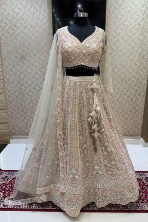 Beige Sequins, Beads And Zari Thread Work Crop Top Designer Bridal Lehenga