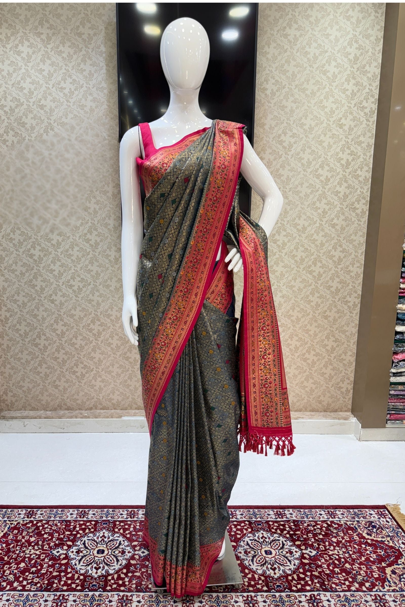 Peacock Blue With Rani Pink Banaras Work Saree