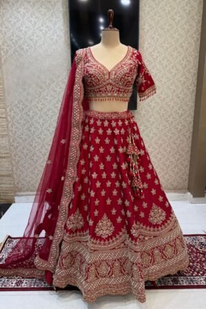 Maroon Beads, Zari, Zardozi And Sequins Work Crop Top Designer Bridal Lehenga With Belt