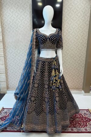Peacock Blue Zardozi, Beads And Embroidery Work Crop Top Designer Bridal Lehenga