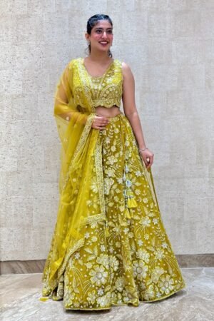 Olive Green Beads, Sequins And Embroidery Work Crop Top Lehenga