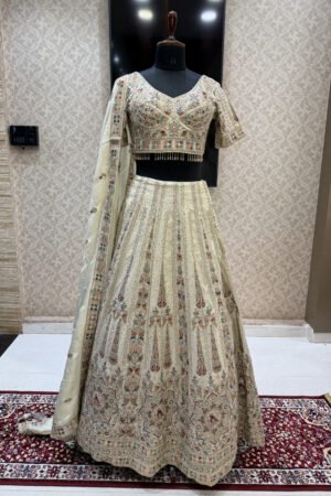 Gold Cream Multicolor Embroidery And Beads Work Crop Top Designer Bridal Lehenga