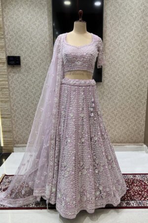 Lighter Lavender Beads, Sequins, Pearls And Thread Work Crop Top Designer Bridal Lehenga