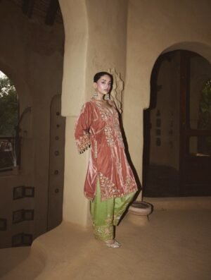 Terracotta Velvet Aari Tilla Short Pheran Set With Tissue Salwar Pants & Embroidered Tissue Dupatta