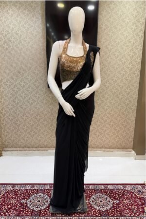 Black Readymade Saree With Sequins Work Readymade Blouse