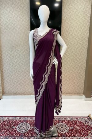 Wine Zari And Sequins Work Saree
