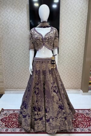 Purple Zari, Sequins, Mirror, Beads And Banaras Work Crop Top Bridal Lehenga