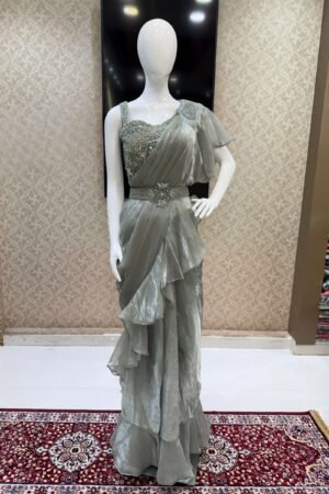 Pista Green Readymade Saree With Beads And Stone Work Readymade Blouse