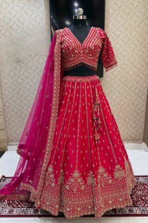 Rani Pink Beads, Zari, Zardozi And Sequins Work Crop Top Designer Bridal Lehenga With Belt