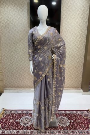 Light Purple Sequins, Beads, Zari And Pearls Work Saree