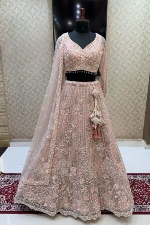 Baby Pink Sequins, Beads And Zari Thread Work Crop Top Designer Bridal Lehenga