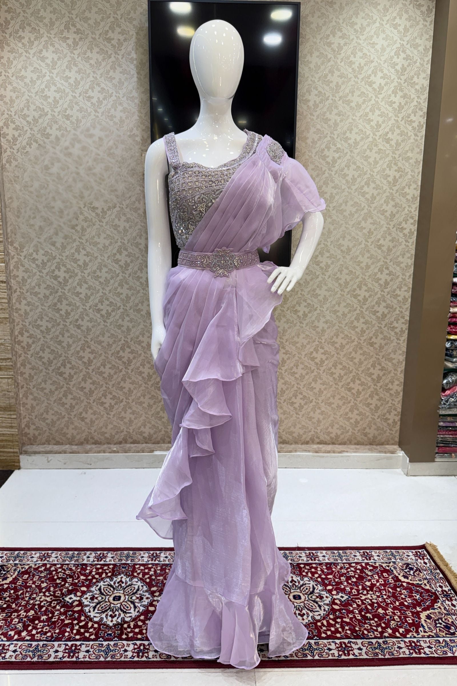 Lavender Readymade Saree With Beads And Stone Work Readymade Blouse