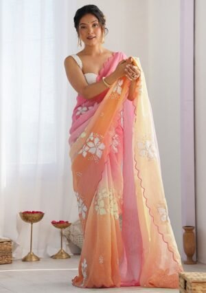 Pink Orange Embroidery Silk Saree Set