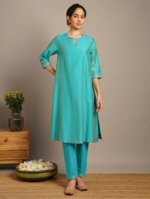 Women Turquoise Blue Cotton Silk Kurta With Pants