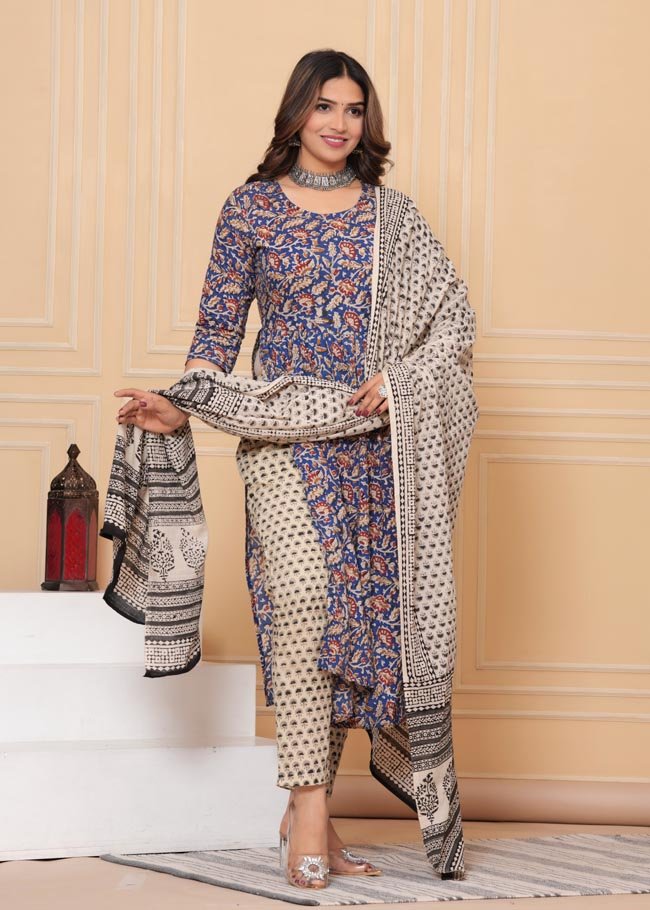 Blue Kaftan Dress With Leafy Design