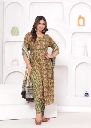 Green Nyra Cut Suits With Floral Design