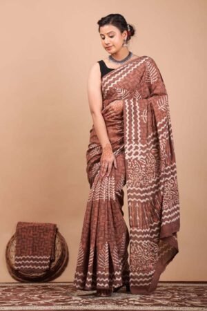 Brown Zig Zag Lining Bagru Print Cotton Saree