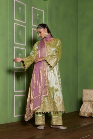 Green Tissue Tilla Embroidered Kalidaar Kurta Set With Wide Pants & Embroidered Tissue Dupatta