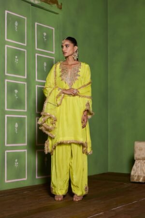 Lime Green Tilla Embroidered Kalidaar Silk Kurta Set With Farshi Salwar & Shimmer Tissue Dupatta