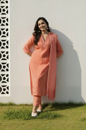 Orange Pure Cotton Embroidered Kurta Set