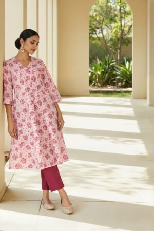 Light Pink Pure Cotton Screen Printed Kurta Set