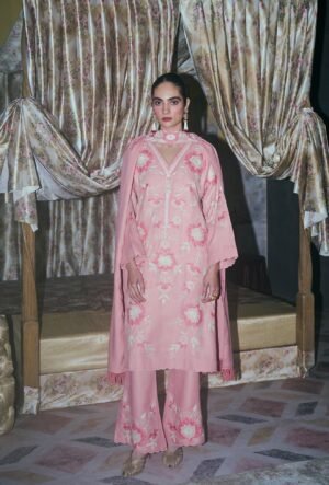 ⁠ ⁠rose Pink Wool Aari Embroidered Pheran Set With Flared Pants & Embroidered Pleat Stole