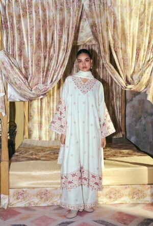 Ivory Wool Aari Embroidered Kalidaar Pheran Set  With Flare Pants & Embroidered Woollen Stole