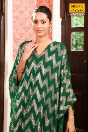 Dark Green Georgette Sequins Embroidered Kaftan-Pant Set