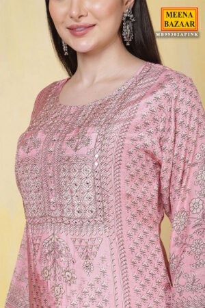 Pink Muslin Silk Sequin Embroidered Printed Kurti Set