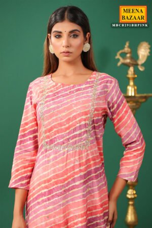 Pink Muslin Printed Neck Embroidered Kurti Pant Set