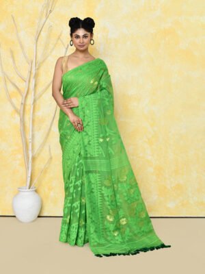 Women'S Green Cotton Silk Jamdani Saree