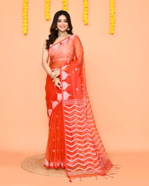 Women'S Orange Resham Silk Jamdani Saree