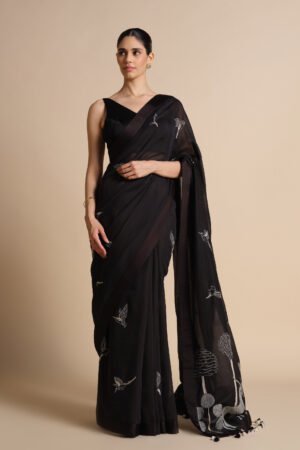Usoa Hand-Embroidered Kantha Mul Saree - Black