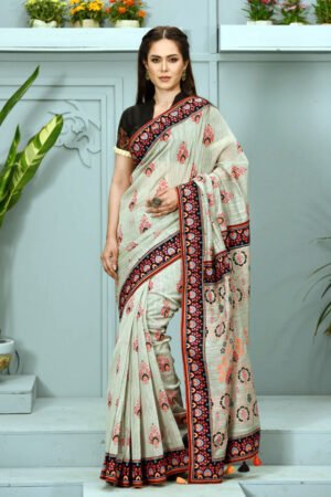Grey Printed Half Silk Saree