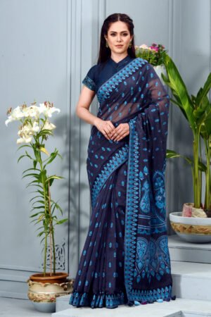 Charcoal Black Half Silk Printed Saree