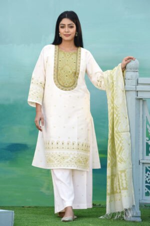 Off White Jacquard Cotton Printed & Embroidered Salwar Kameez Set