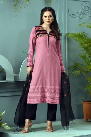 Mauve Pink Linen Printed & Hand Embroidered Salwar Kameez Set